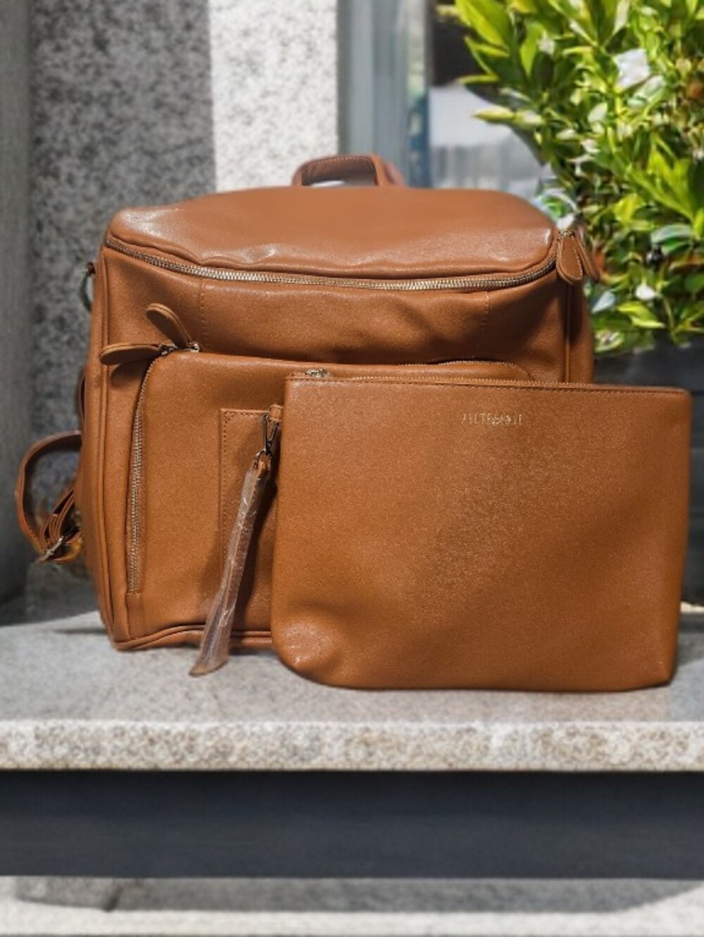 Traveler Cognac Leather Traveler Backpack & Pouch or Diaper Bag